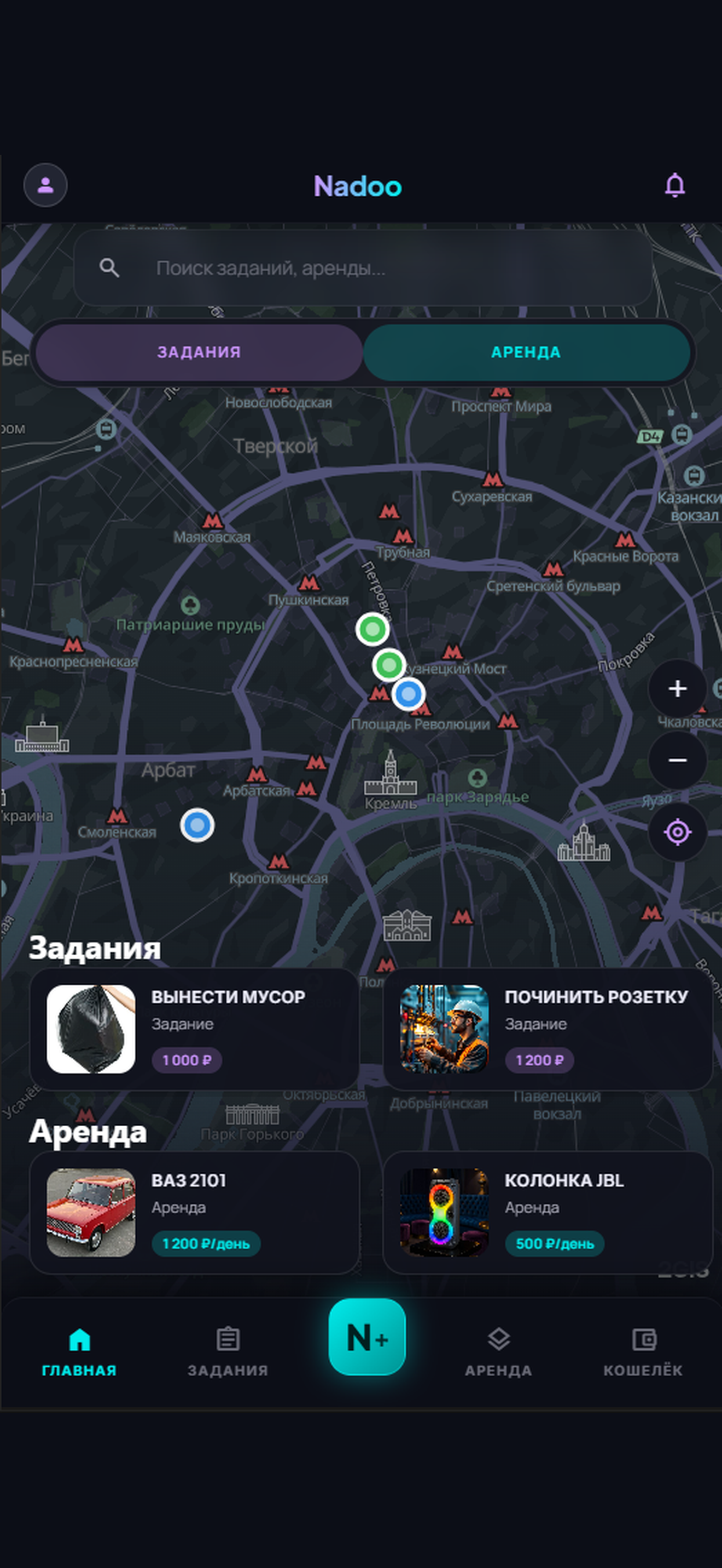 Приложение Nadoo — карта заданий и аренды